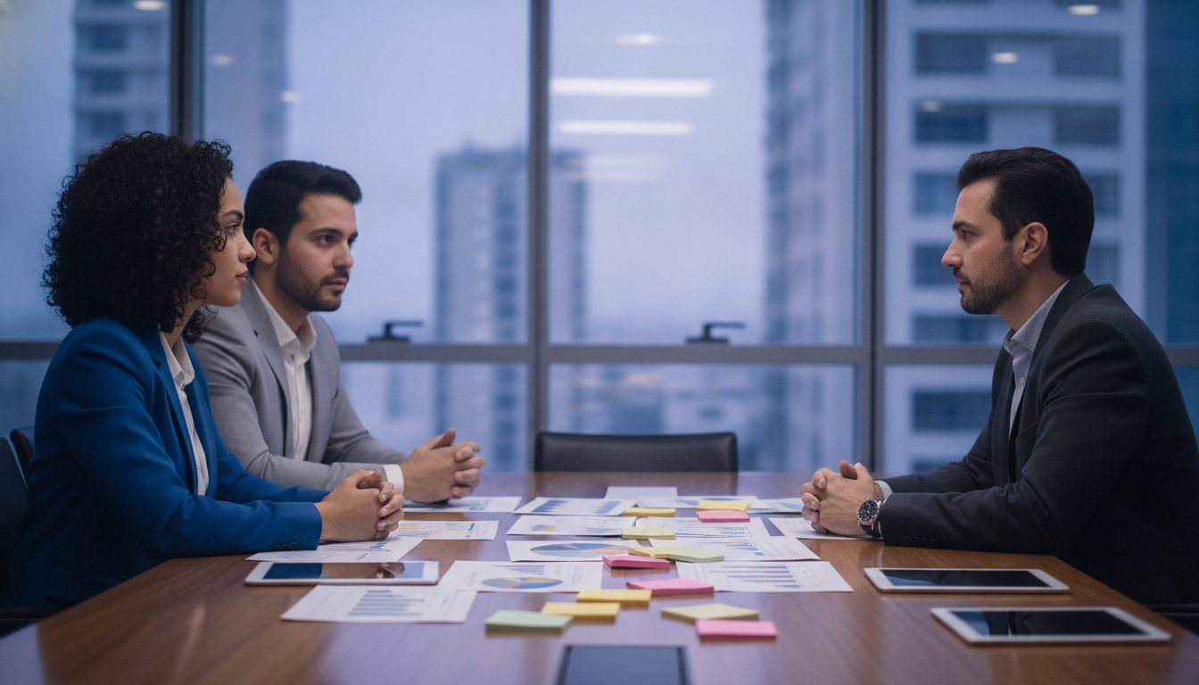 Consultores entrevistando um diretor comercial em uma sala de reunião
