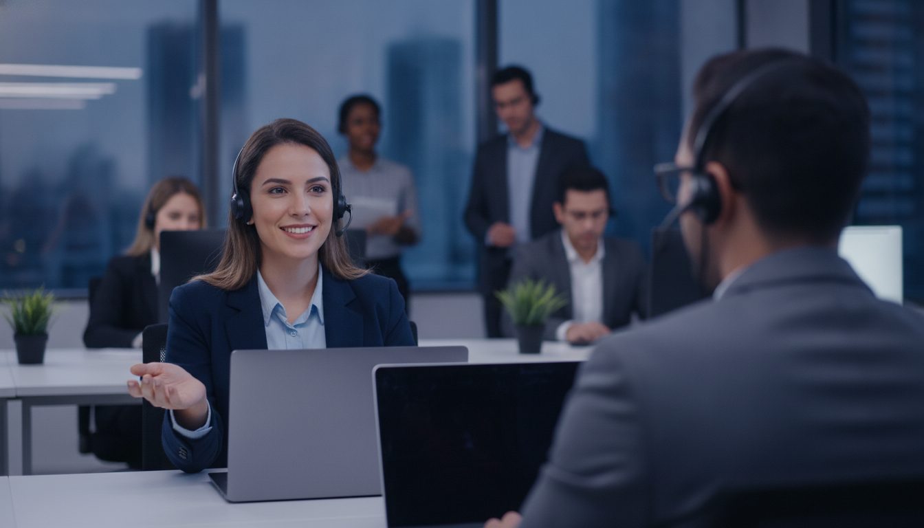 Especialista de atendimento com fone de ouvido resolvendo a solicitação de um cliente