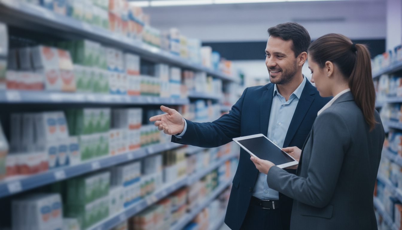 Gerente e vendedor alinhando as prioridades do dia no corredor de um supermercado